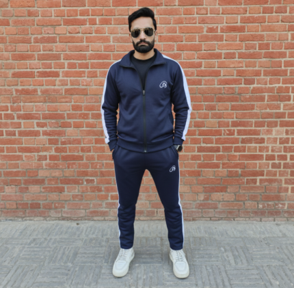 Blue Men's Winter Tracksuit with White stripes | Men's Zipper| Navy Blue